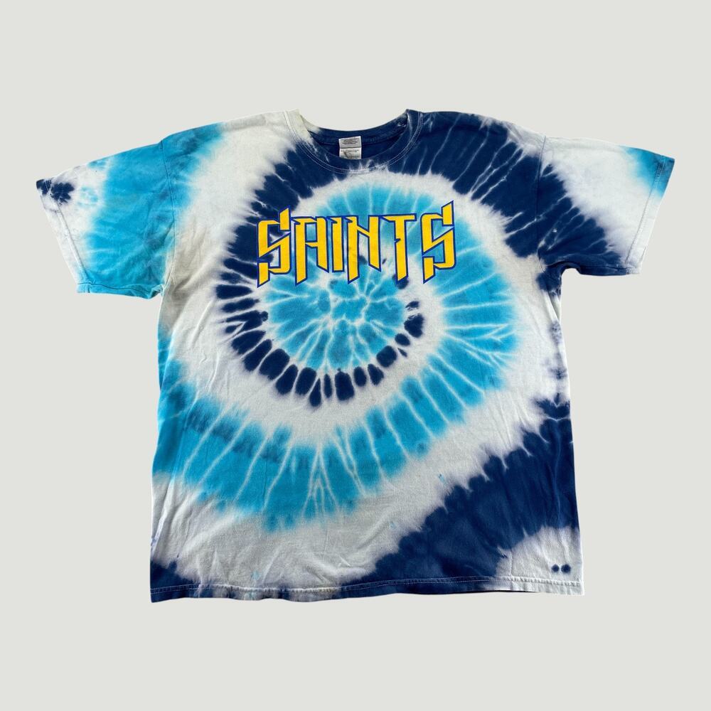 Saints Tie Dye Graphic T Shirt Blue Spiral Fleur De Lis Football XL Cotton